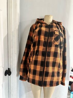 Men's Orange & Black Plaid Hooded Zip Jacket